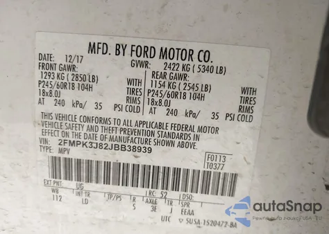 2018 Ford Edge Sel from USA, damaged, VIN 2FMPK3J82JBB38939